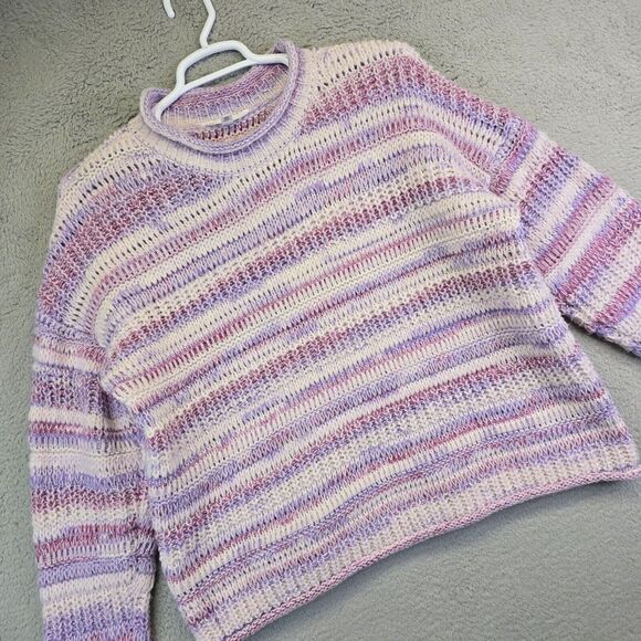 Chunky Open Knit Fisherman Sweater Womens‎ Plus Size 2XL Purple White Striped - Picture 1 of 12